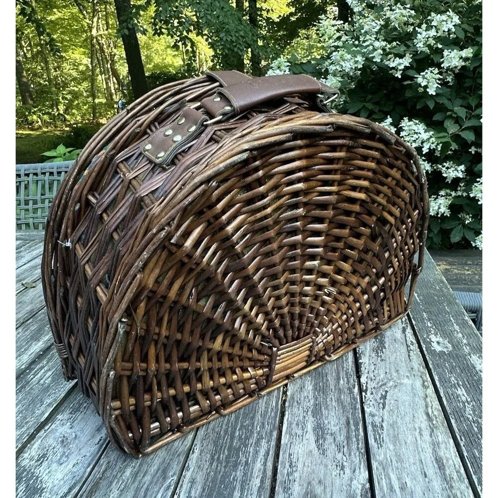 Vintage Brown Wicker Half Moon Picnic Basket Plaid Lined w Blue Dinnerware New